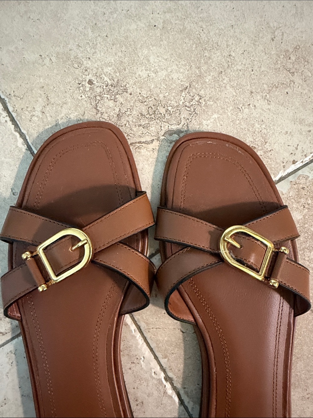 Zara Tan Leather Slide Sandals with Gold Buckles - Picture 4 of 7
